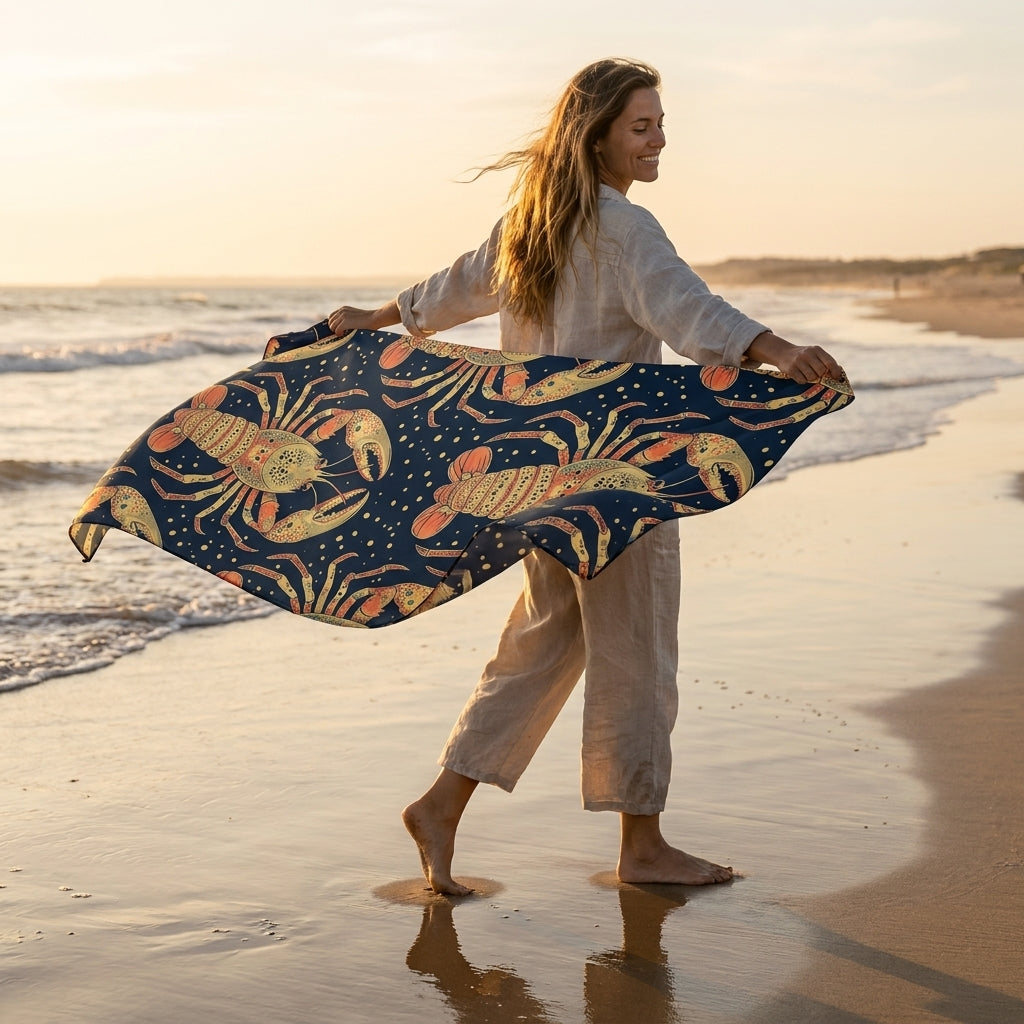 Mediterranean Marine microvezel strandhanddoek met Coastal Lobster print op het strand