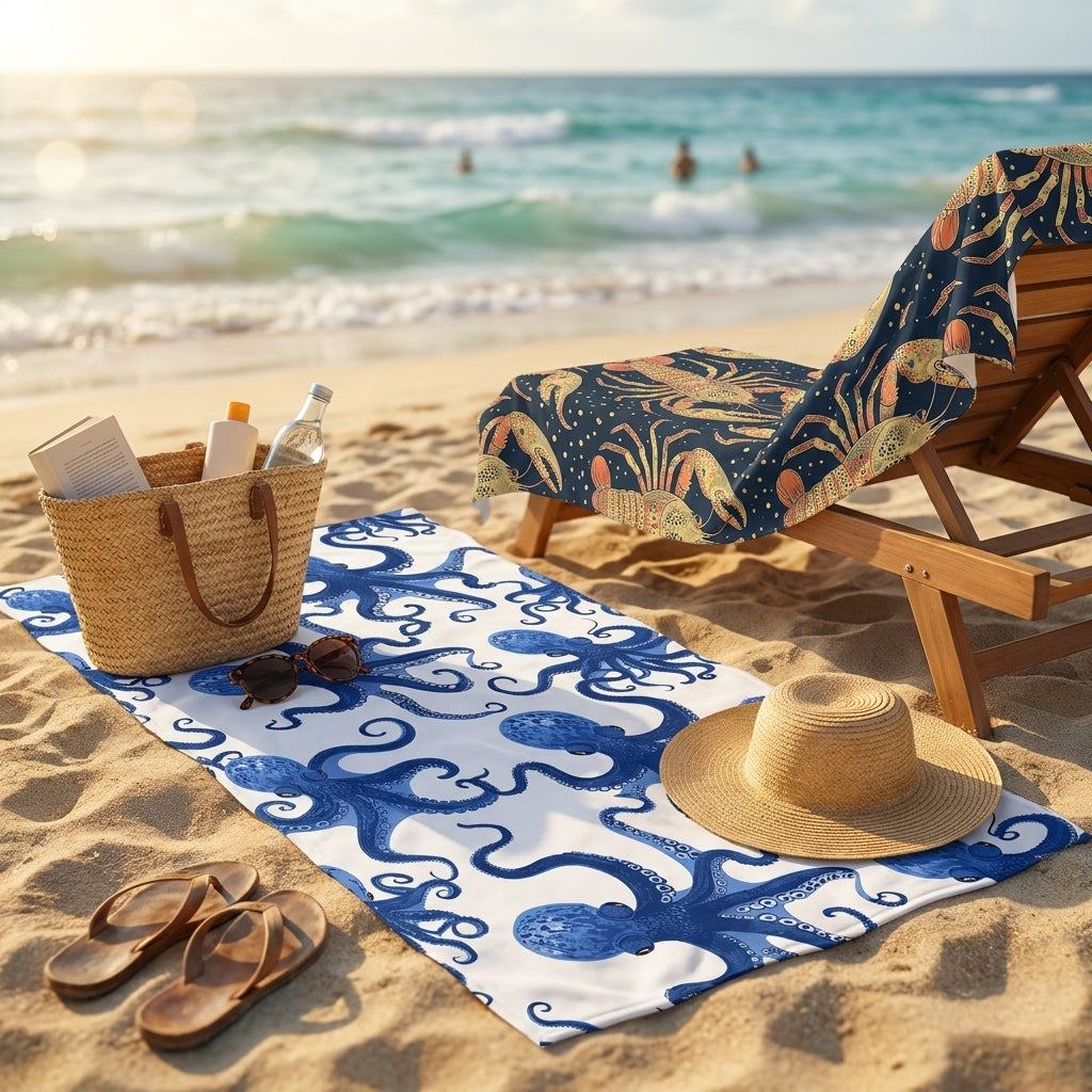 Blue Octopus microvezel strandhanddoek op strandbed aan zee