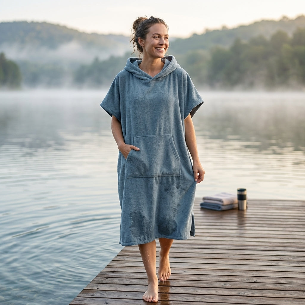 Microvezel surfponcho met capuchon en voorzak bij het water