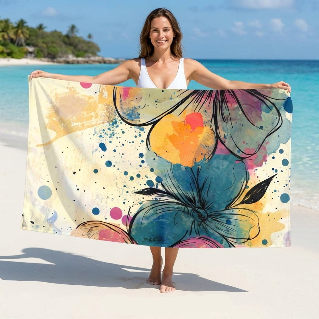 Grote microvezel strandhanddoek met kleurrijke abstracte bloemenprint