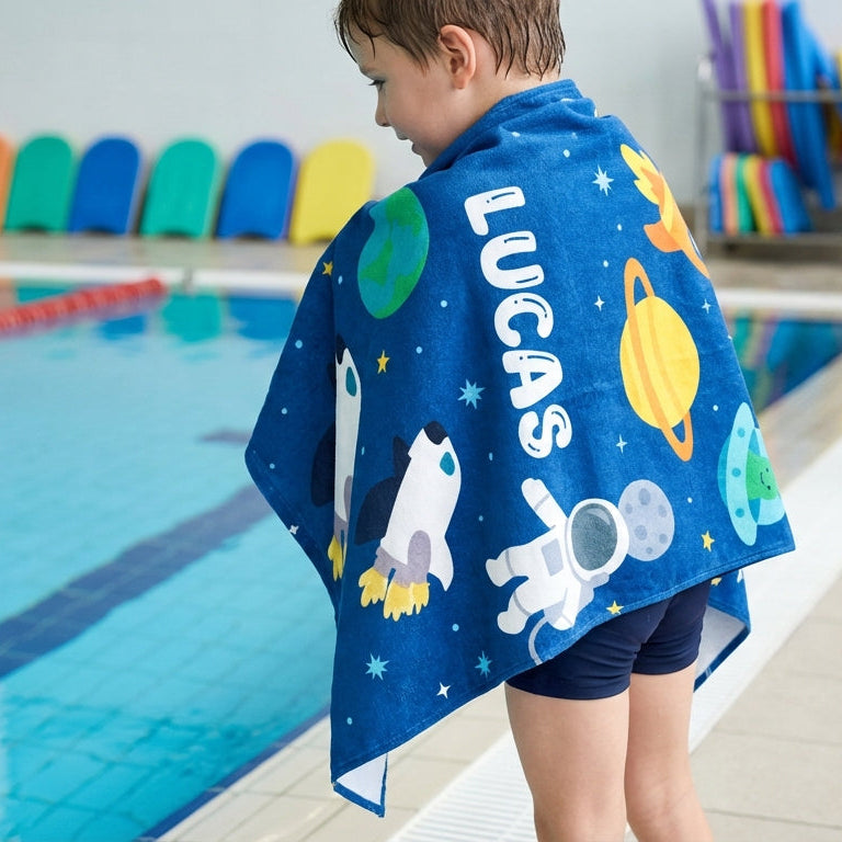 kids personalised microfibre towel space design with name