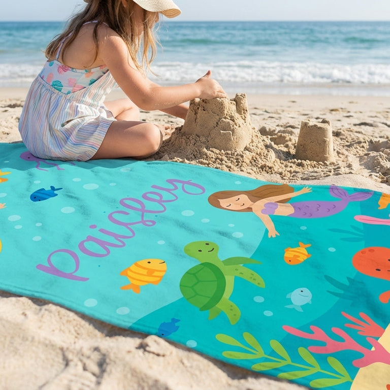 personalised kids microfibre beach towel ocean design