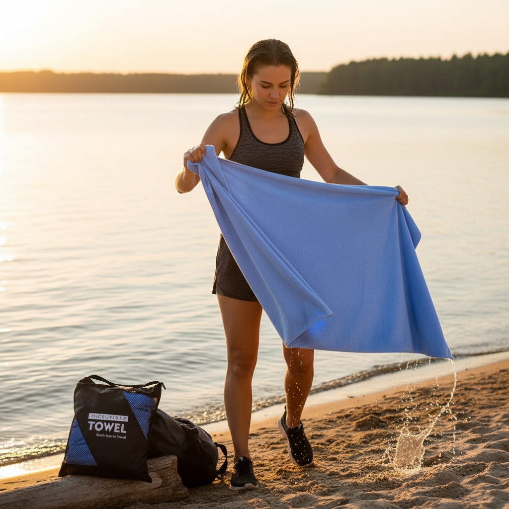 Woman holding blue oversized microfibre beach towel on beach, lightweight quick dry towel