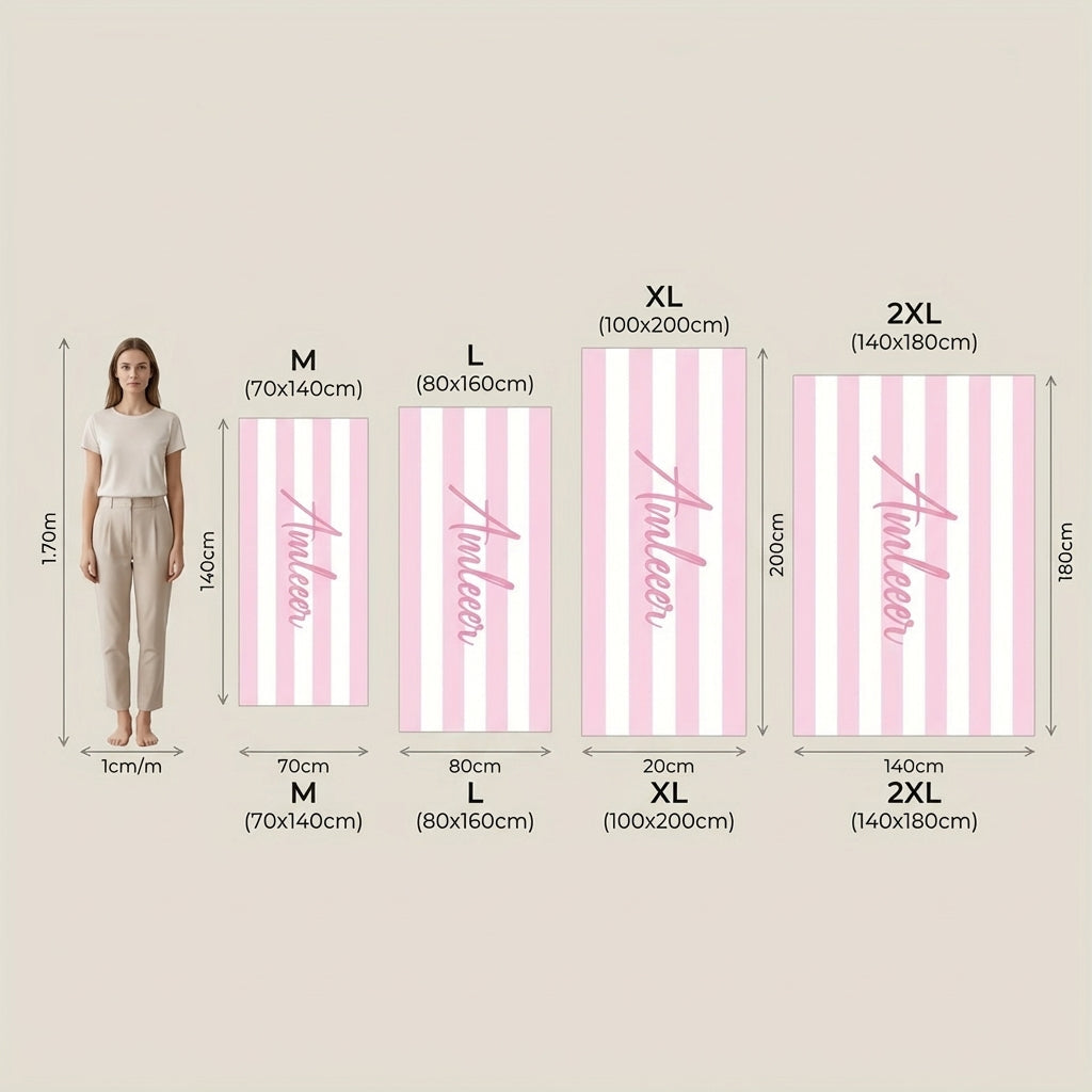 Personalised striped towel size guide showing dimensions for different body coverage