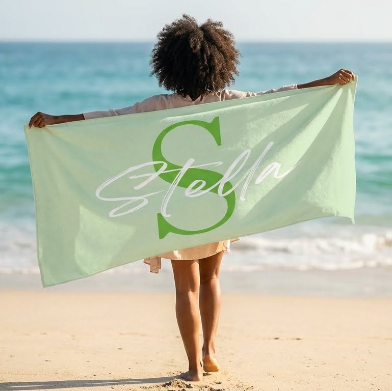 green personalised microfibre beach towel with custom name