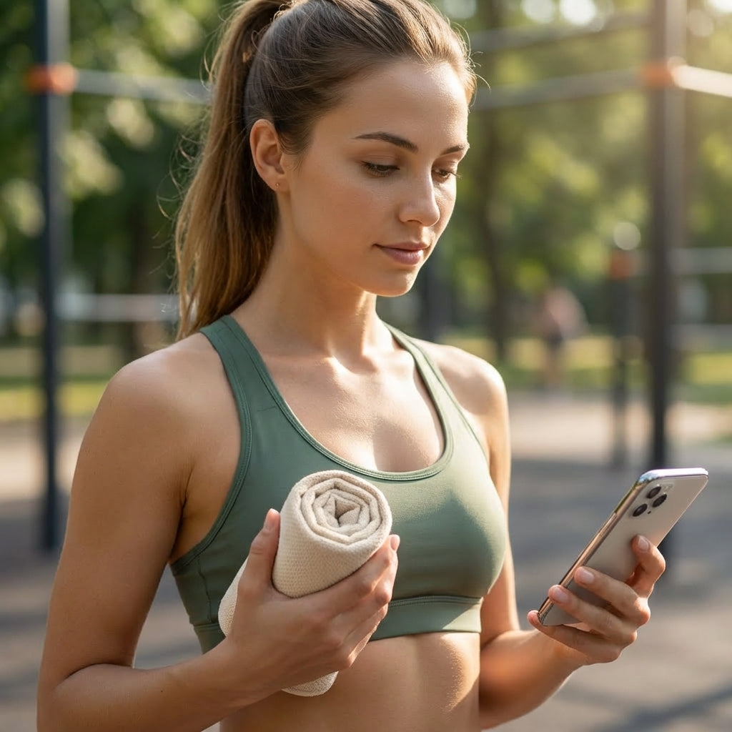 Woman holding rolled microfibre towel outdoors, compact quick dry gym and travel towel