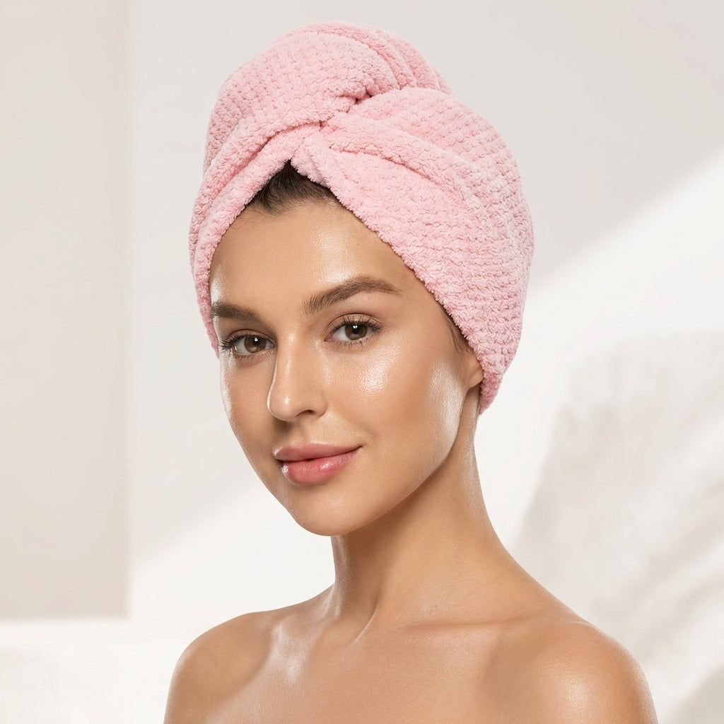 Microfibre hair towel turban in pink worn by woman, soft waffle texture quick dry hair wrap