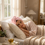 Woman relaxing with pink microfibre hair towel turban, lightweight quick dry hair wrap for daily routine