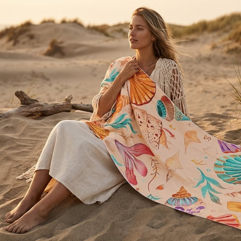 microfibre beach towel backpack woman sitting beach lifestyle towel