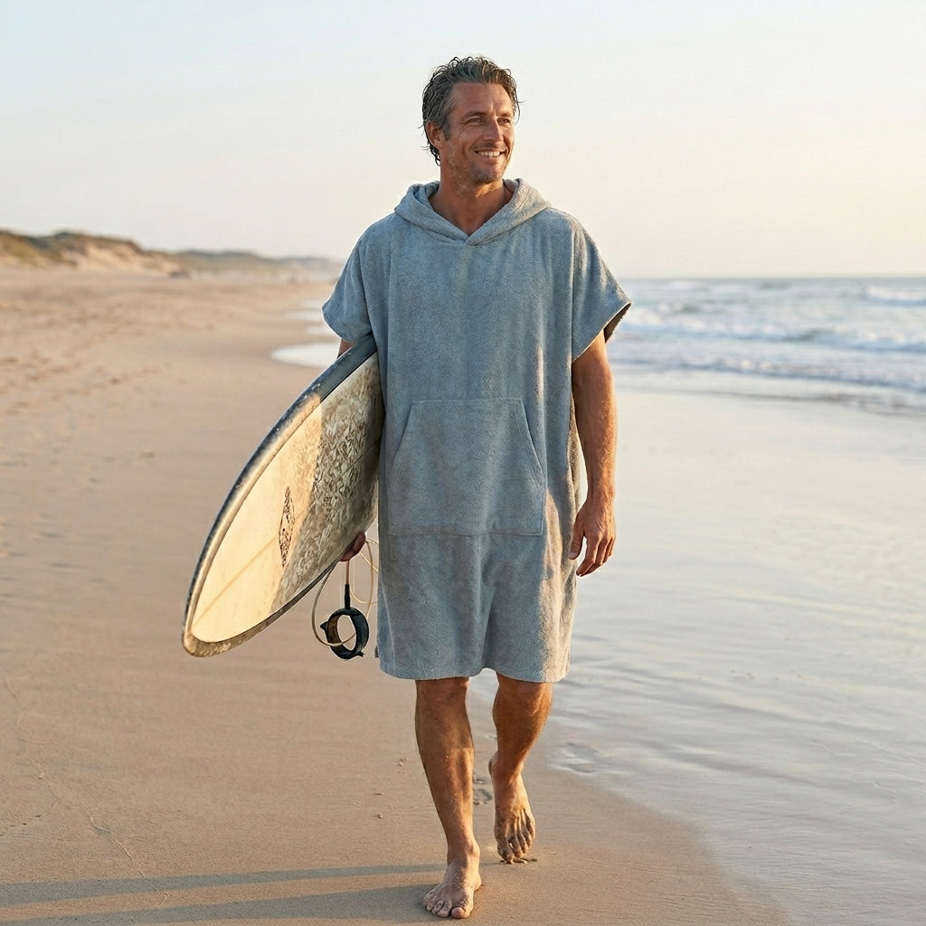 Lichtblauwe microvezel surfponcho met capuchon voor surf en zwembad