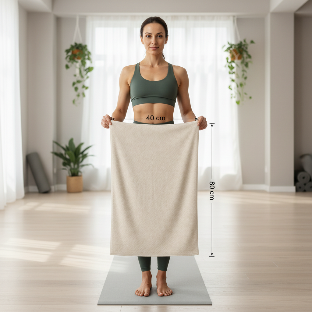 Woman holding large microfibre towel at home showing full size coverage, quick dry towel