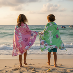Kids walking on beach with personalised name towels, lightweight quick dry children towel