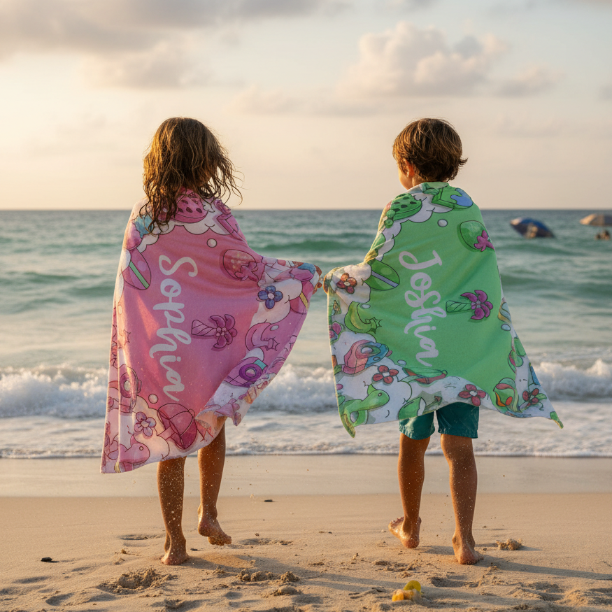 Kids walking on beach with personalised name towels, lightweight quick dry children towel