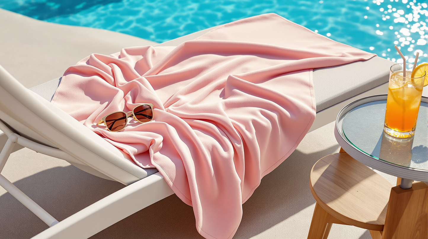 Light Pink microfibre towel draped over a sun lounger next to a sparkling blue swimming pool, ready for use.