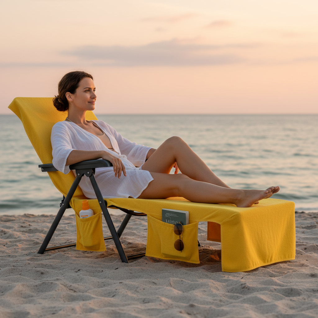 microfiber beach chair towel with pockets on beach lounger